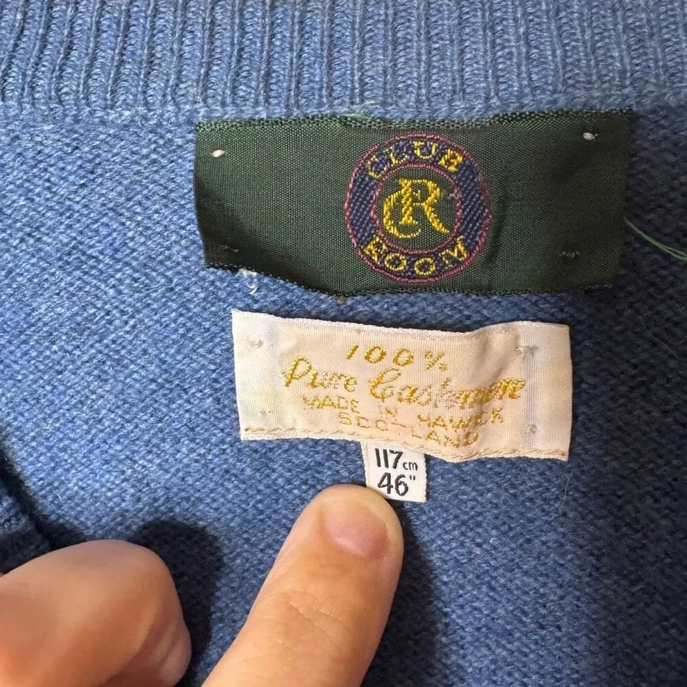 Club Room Sweater Mens 2XL Blue V-neck Pure Cashmere Scotland Pullover Vintage